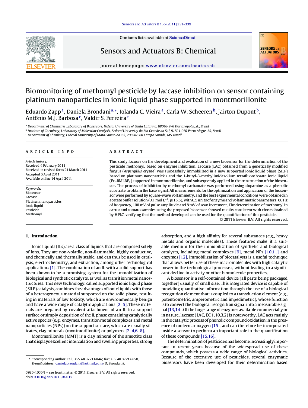 Biomonitoring of methomyl pesticide by laccase inhibition on sensor containing platinum nanoparticles in ionic liquid phase supported in montmorillonite