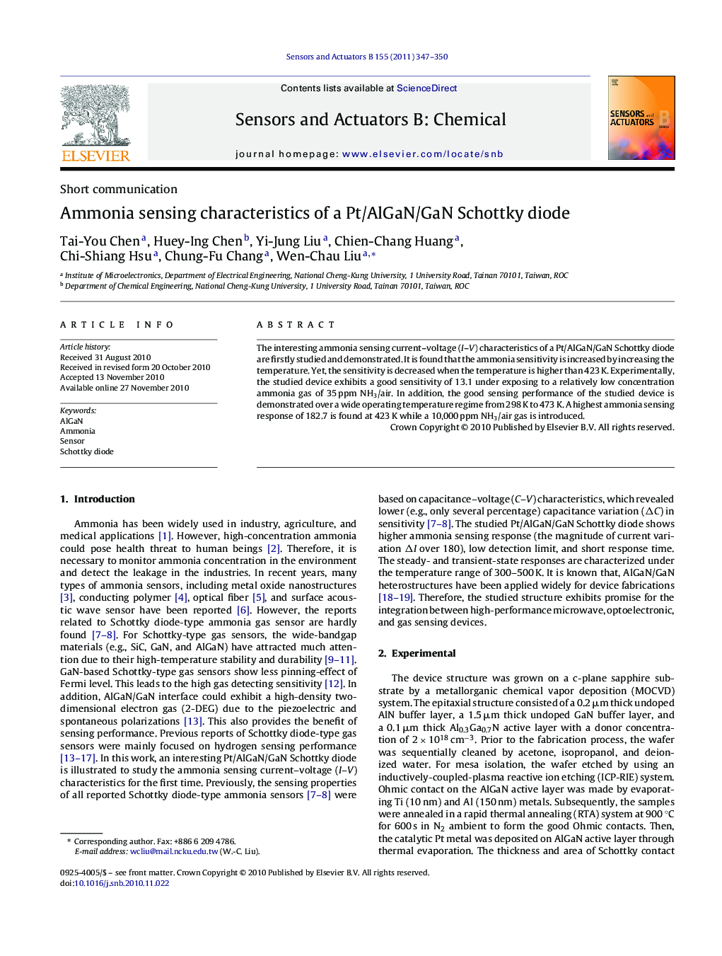 Ammonia sensing characteristics of a Pt/AlGaN/GaN Schottky diode