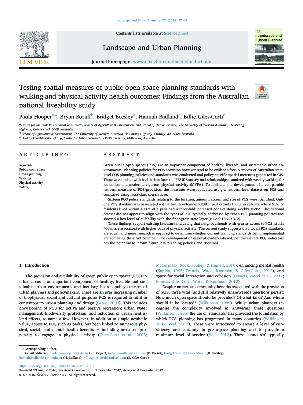 Testing spatial measures of public open space planning standards with walking and physical activity health outcomes: Findings from the Australian national liveability study