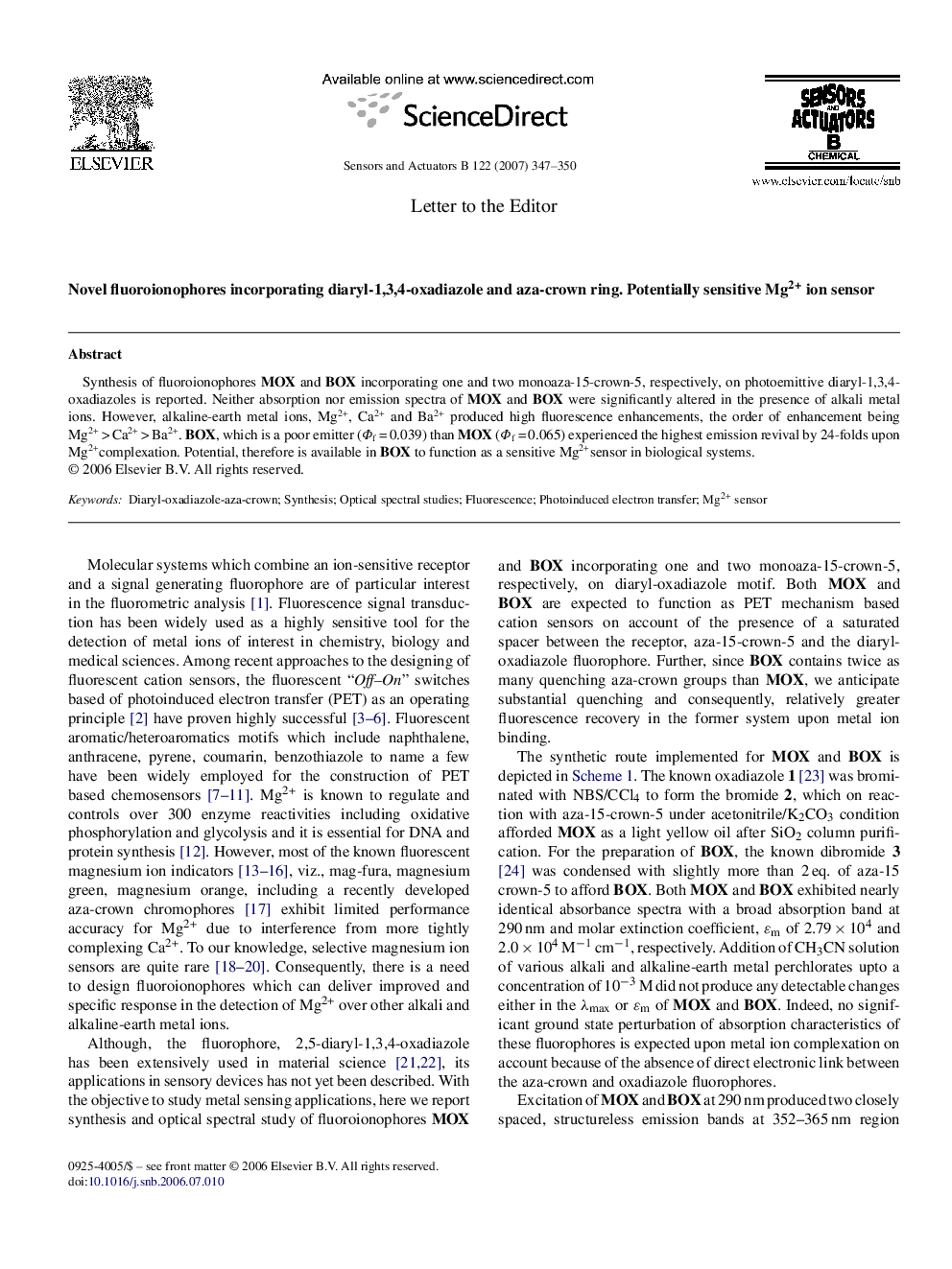 Novel fluoroionophores incorporating diaryl-1,3,4-oxadiazole and aza-crown ring. Potentially sensitive Mg2+ ion sensor