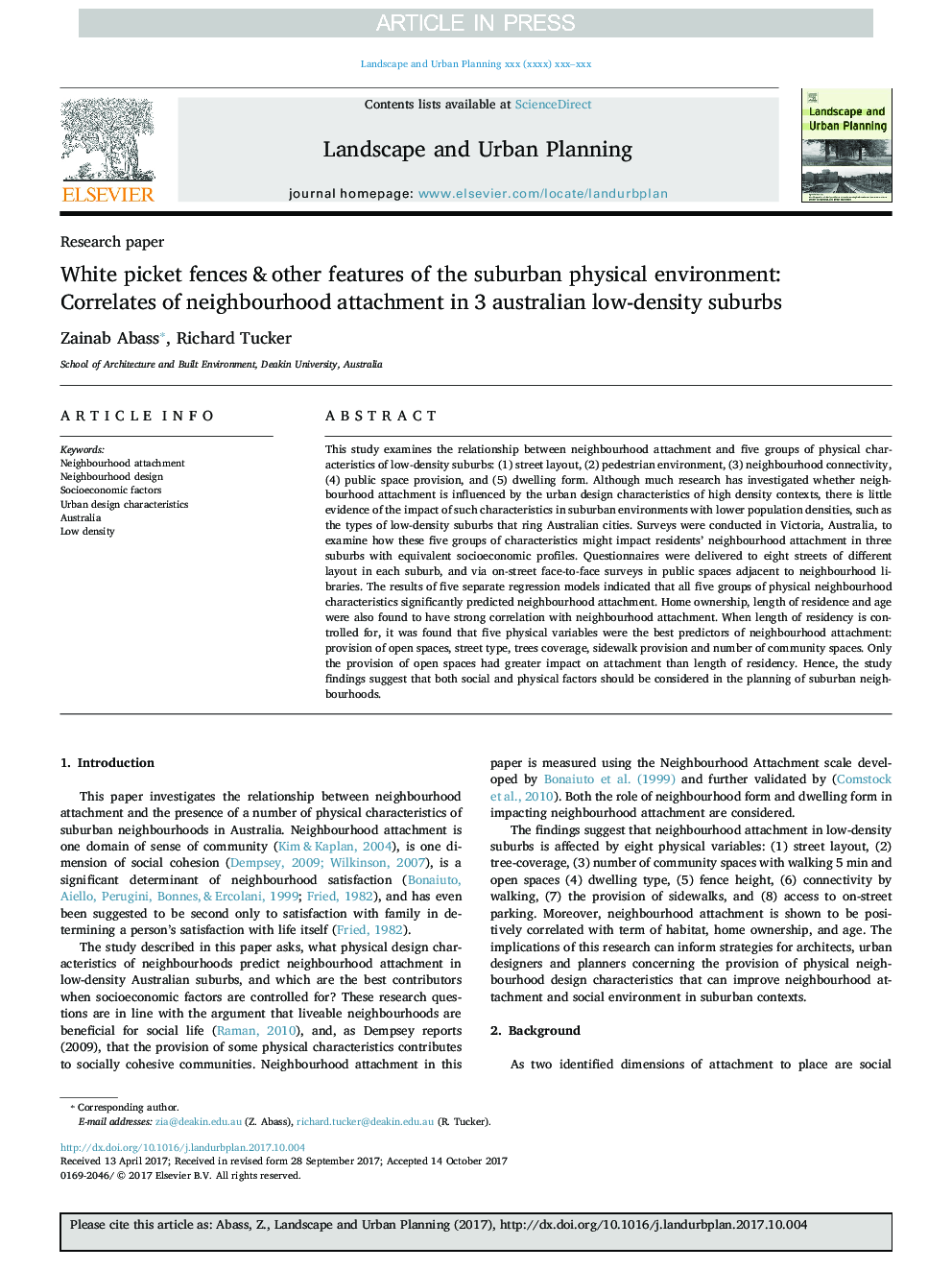 White picket fences & other features of the suburban physical environment: Correlates of neighbourhood attachment in 3 australian low-density suburbs