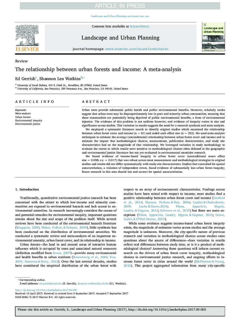 The relationship between urban forests and income: A meta-analysis