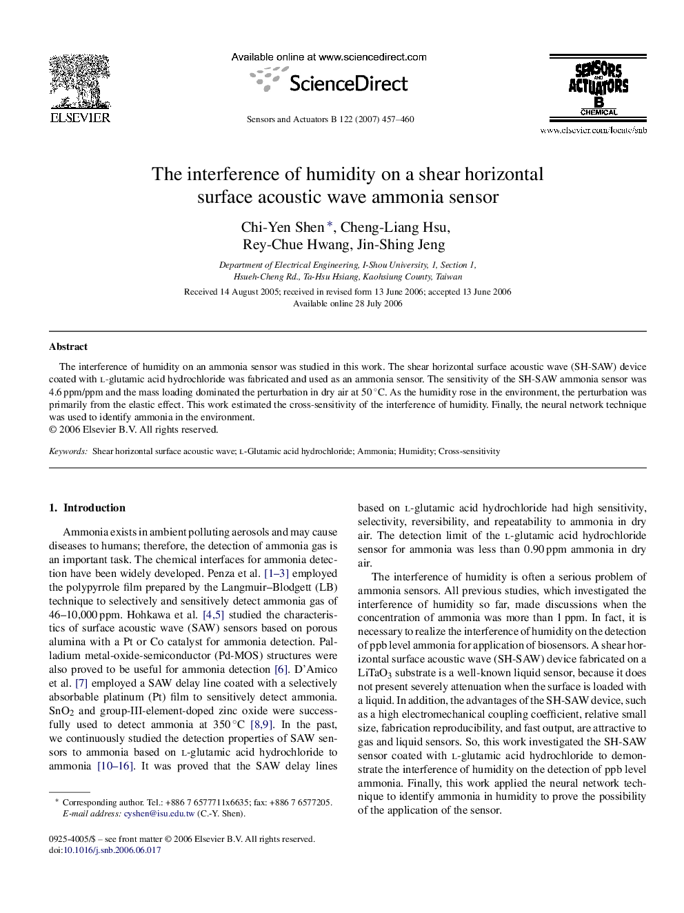 The interference of humidity on a shear horizontal surface acoustic wave ammonia sensor