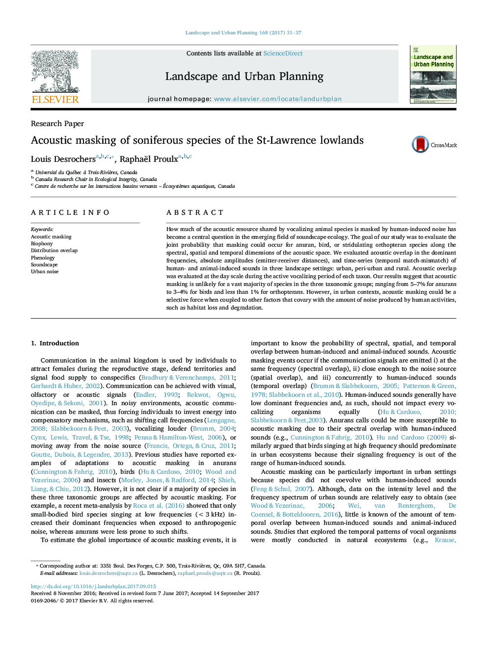 Acoustic masking of soniferous species of the St-Lawrence lowlands