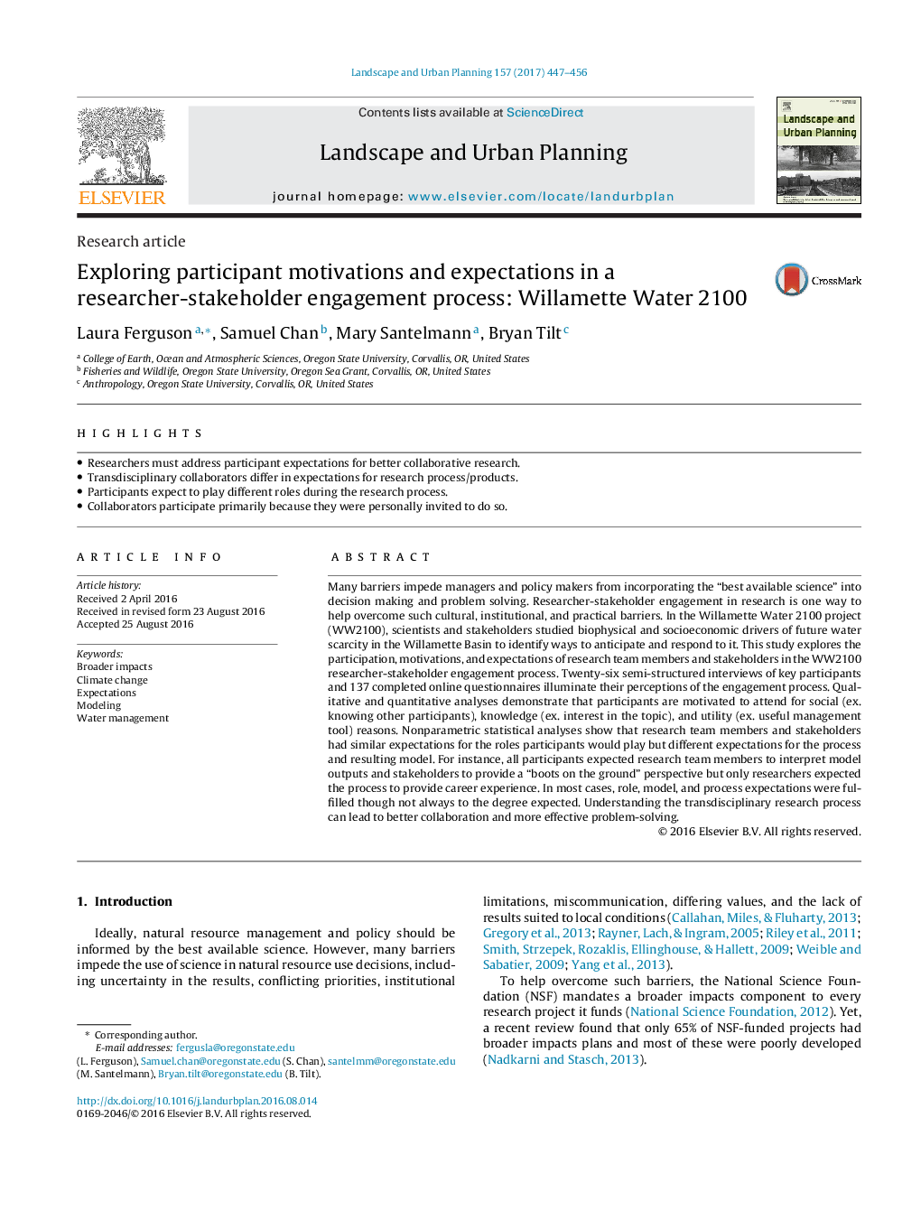 Exploring participant motivations and expectations in a researcher-stakeholder engagement process: Willamette Water 2100