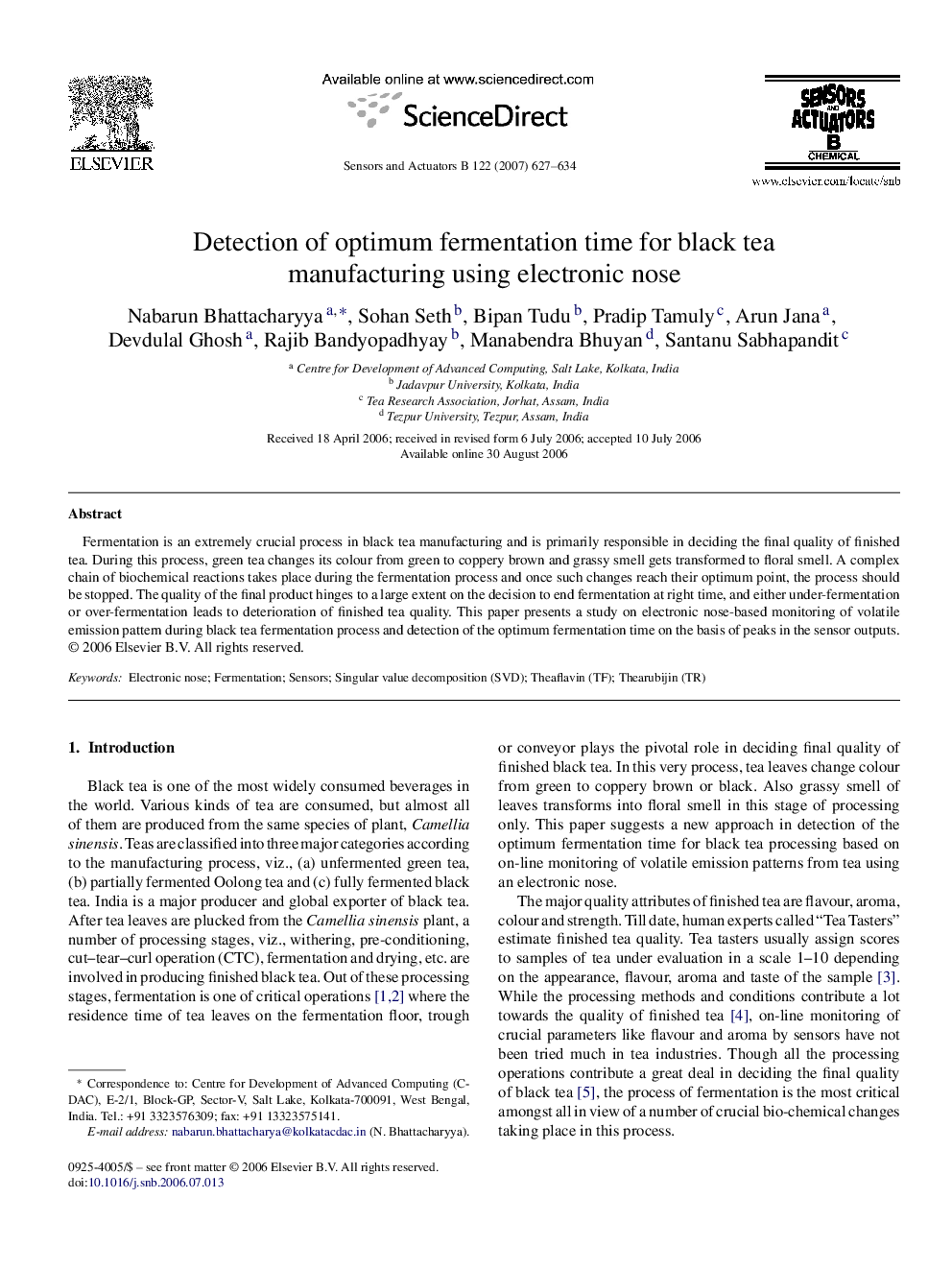 Detection of optimum fermentation time for black tea manufacturing using electronic nose