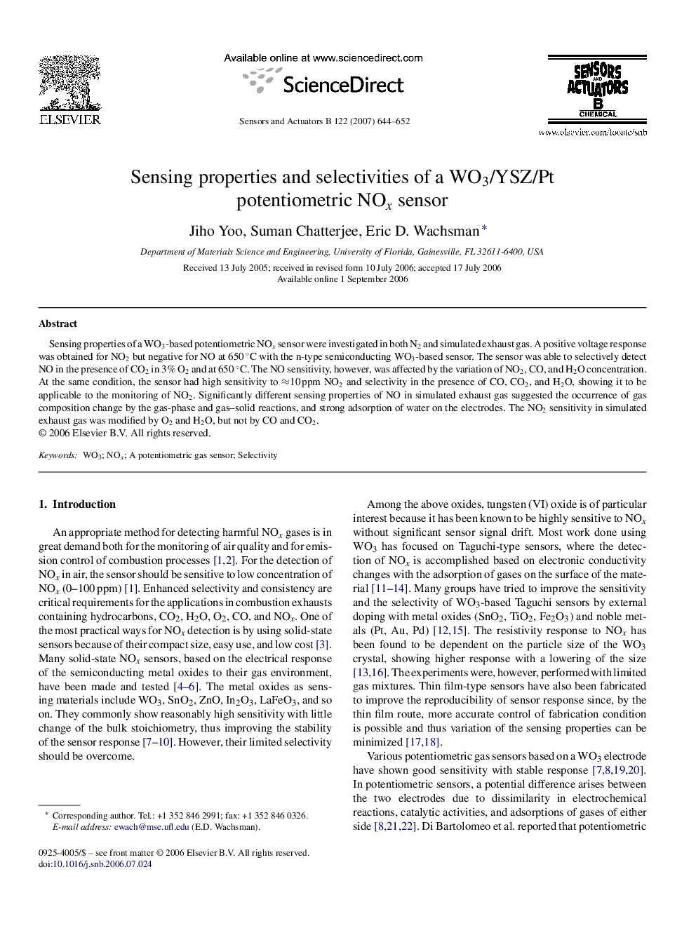 عکس صفحه اول مقاله: Sensing properties and selectivities of a WO3/YSZ/Pt potentiometric NOx sensor Sensing properties and selectivities of a WO3/YSZ/Pt potentiometric NOx sensor