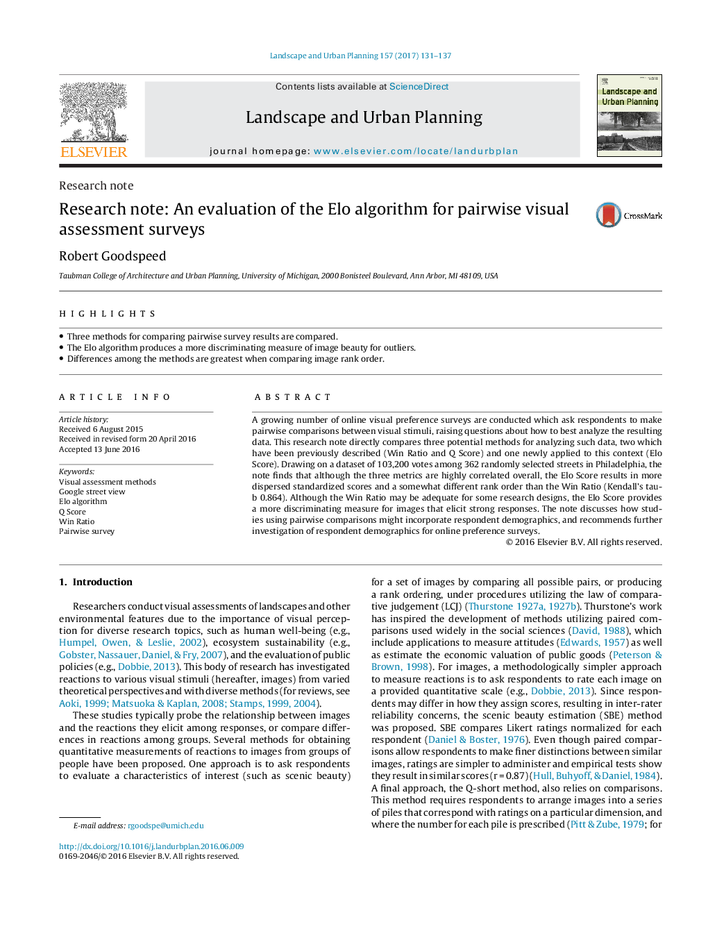 Research note: An evaluation of the Elo algorithm for pairwise visual assessment surveys