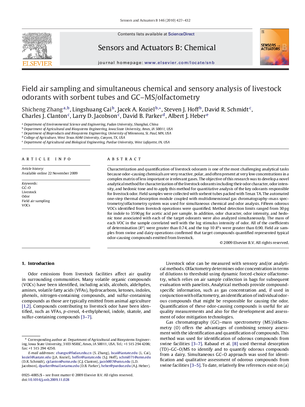 Field air sampling and simultaneous chemical and sensory analysis of livestock odorants with sorbent tubes and GC–MS/olfactometry