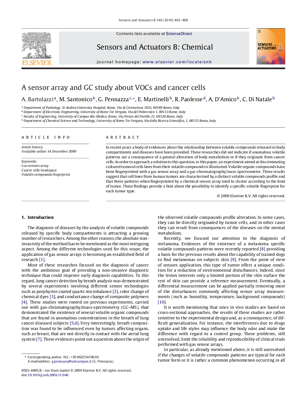 عکس صفحه اول مقاله: A sensor array and GC study about VOCs and cancer cells A sensor array and GC study about VOCs and cancer cells