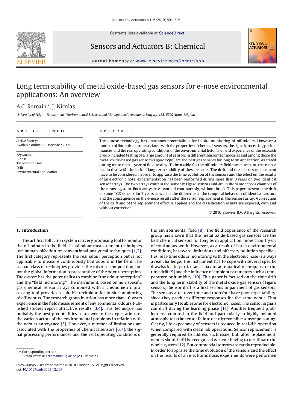 Long term stability of metal oxide-based gas sensors for e-nose environmental applications: An overview