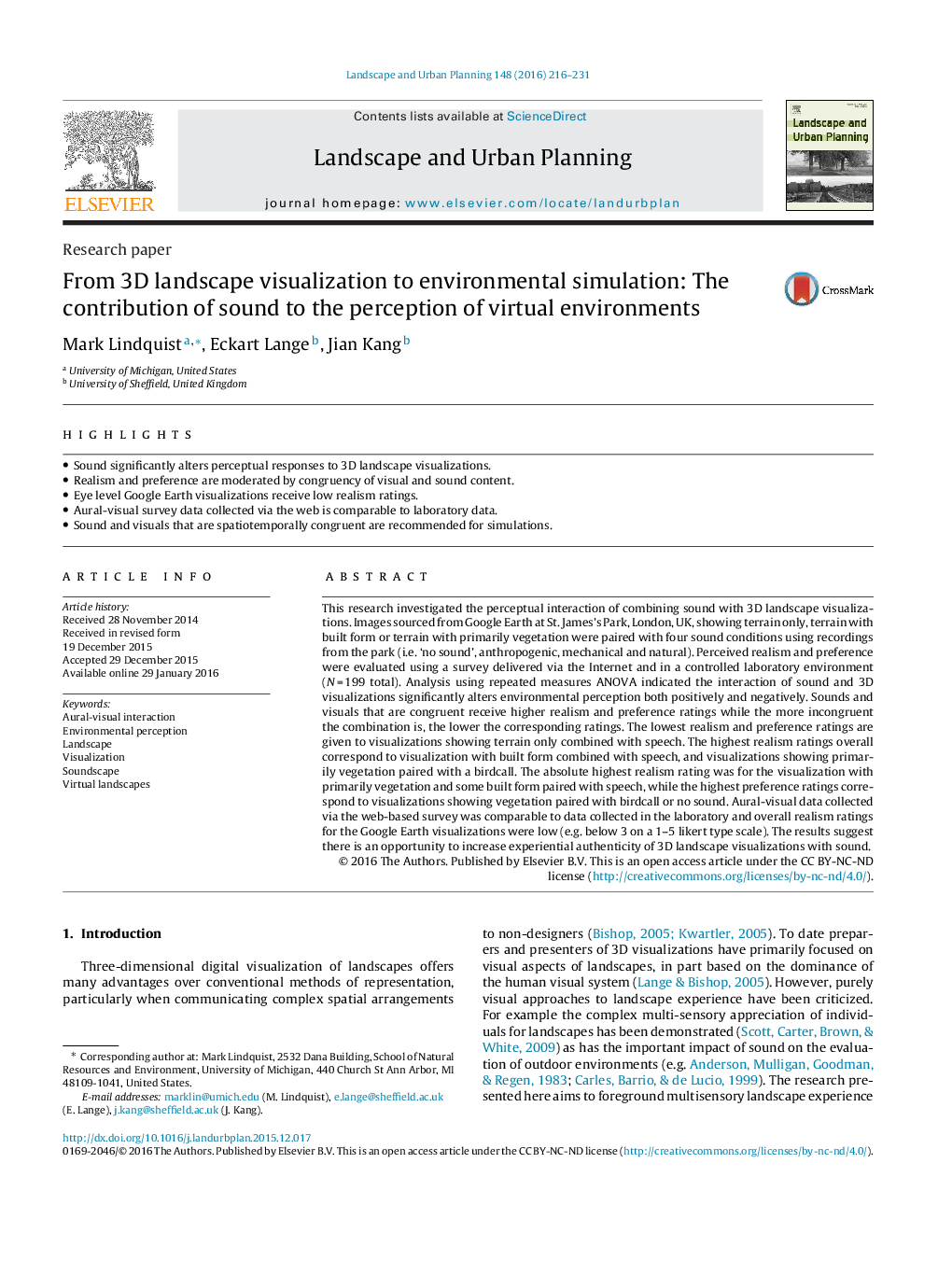 From 3D landscape visualization to environmental simulation: The contribution of sound to the perception of virtual environments