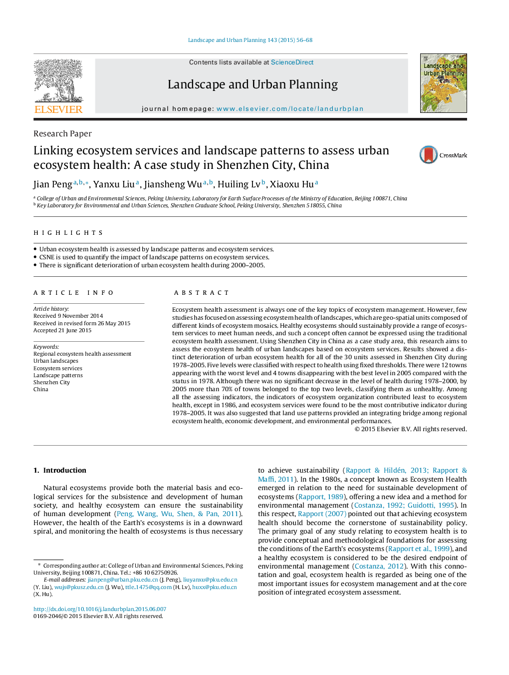 Linking ecosystem services and landscape patterns to assess urban ecosystem health: A case study in Shenzhen City, China