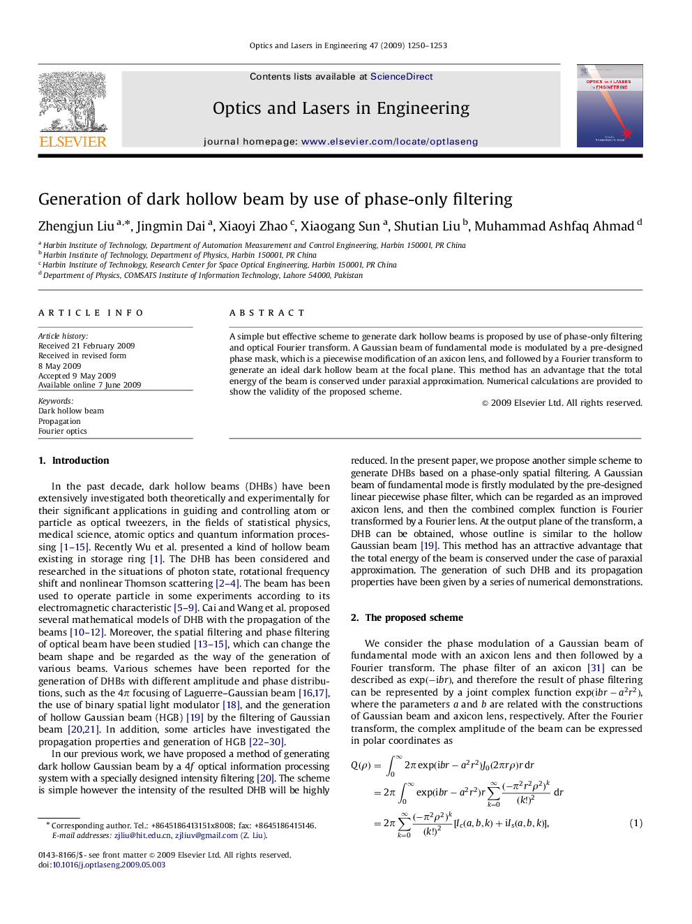 عکس صفحه اول مقاله: Generation of dark hollow beam by use of phase-only filtering Generation of dark hollow beam by use of phase-only filtering