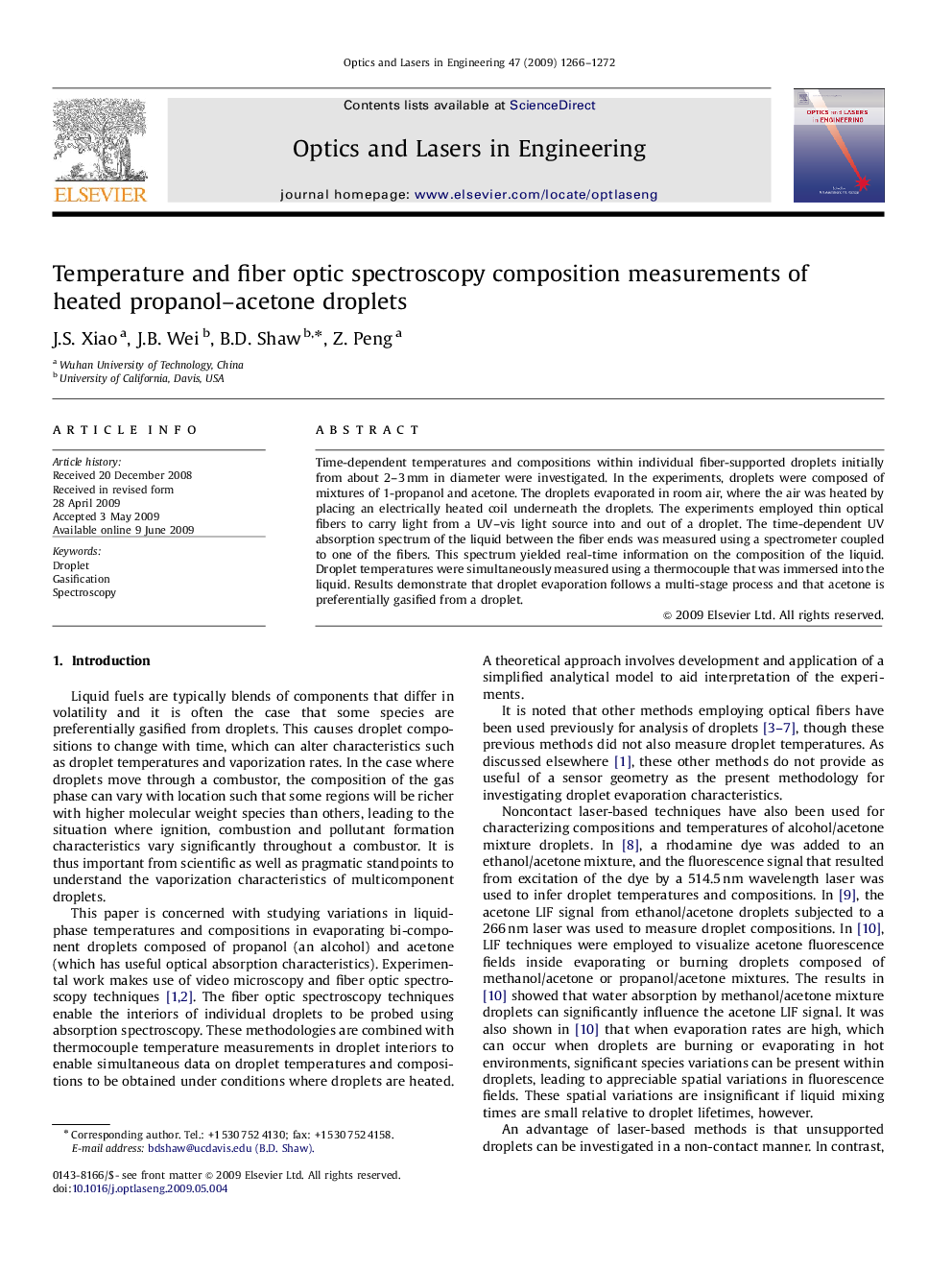 Temperature and fiber optic spectroscopy composition measurements of heated propanol–acetone droplets