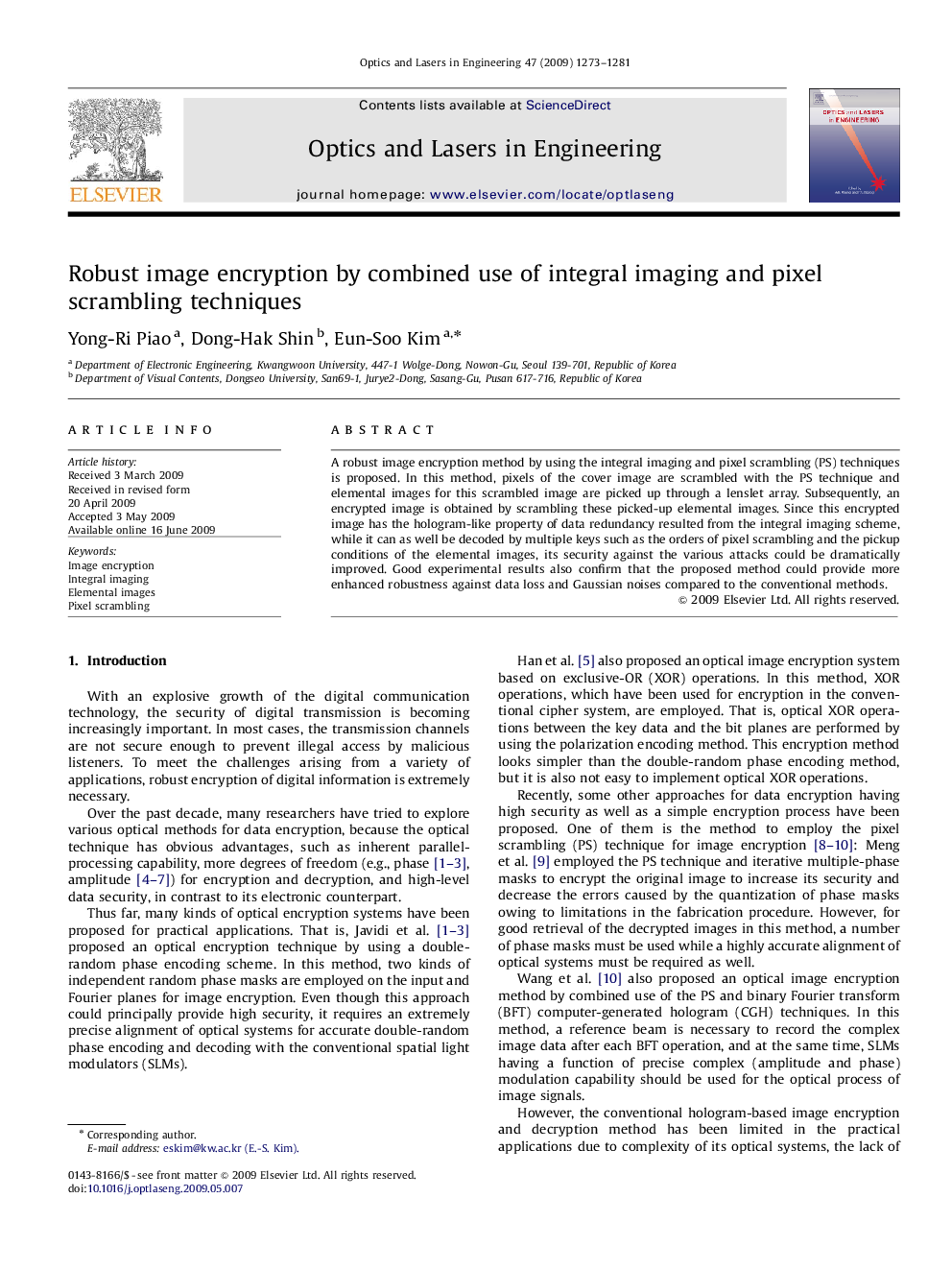 Robust image encryption by combined use of integral imaging and pixel scrambling techniques