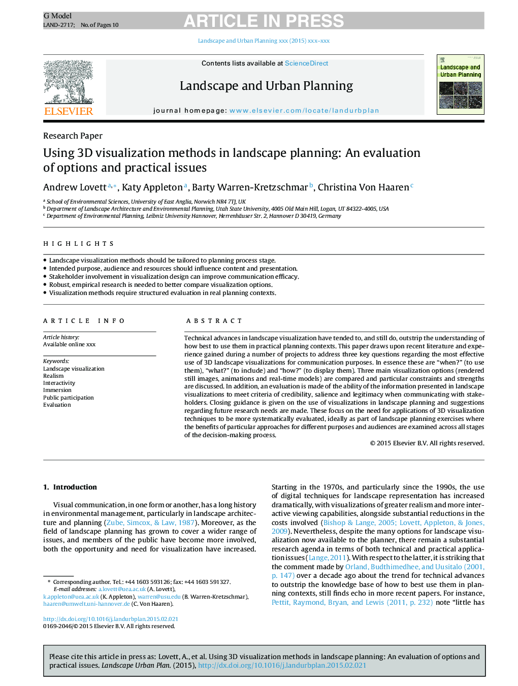 Using 3D visualization methods in landscape planning: An evaluation of options and practical issues