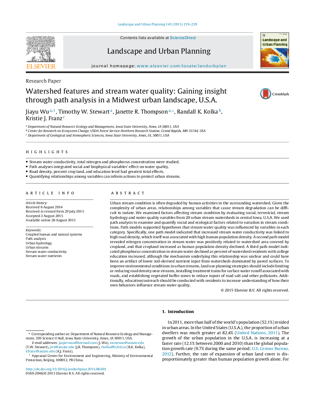 Watershed features and stream water quality: Gaining insight through path analysis in a Midwest urban landscape, U.S.A.