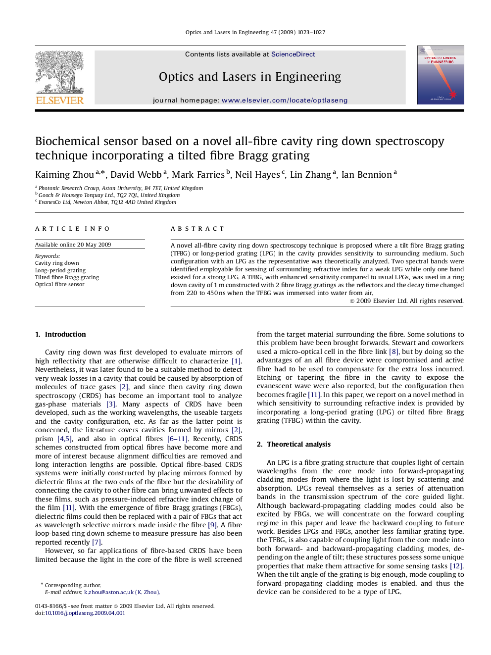 Biochemical sensor based on a novel all-fibre cavity ring down spectroscopy technique incorporating a tilted fibre Bragg grating