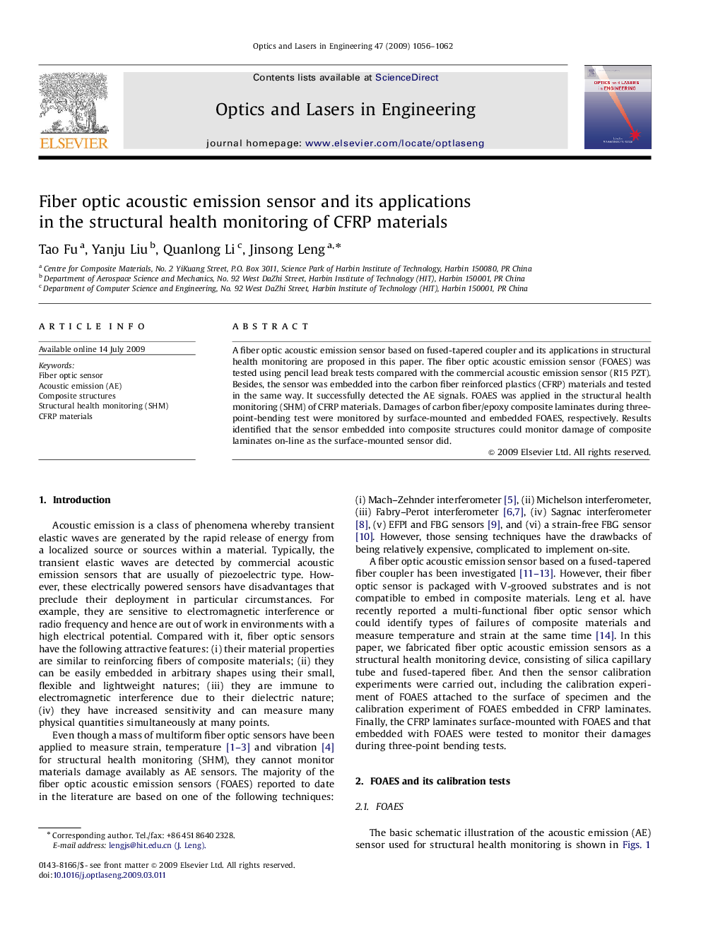 Fiber optic acoustic emission sensor and its applications in the structural health monitoring of CFRP materials