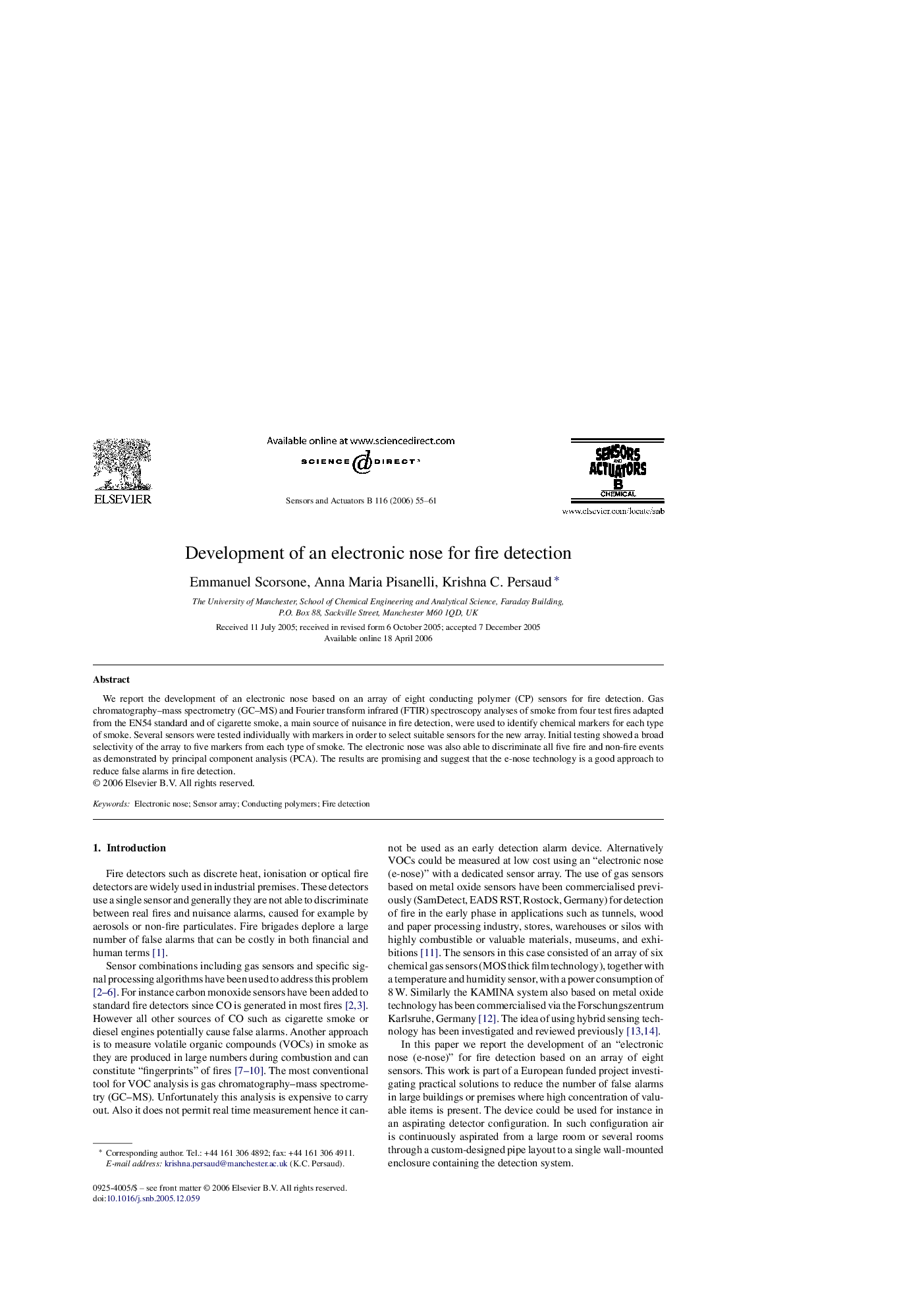 Development of an electronic nose for fire detection