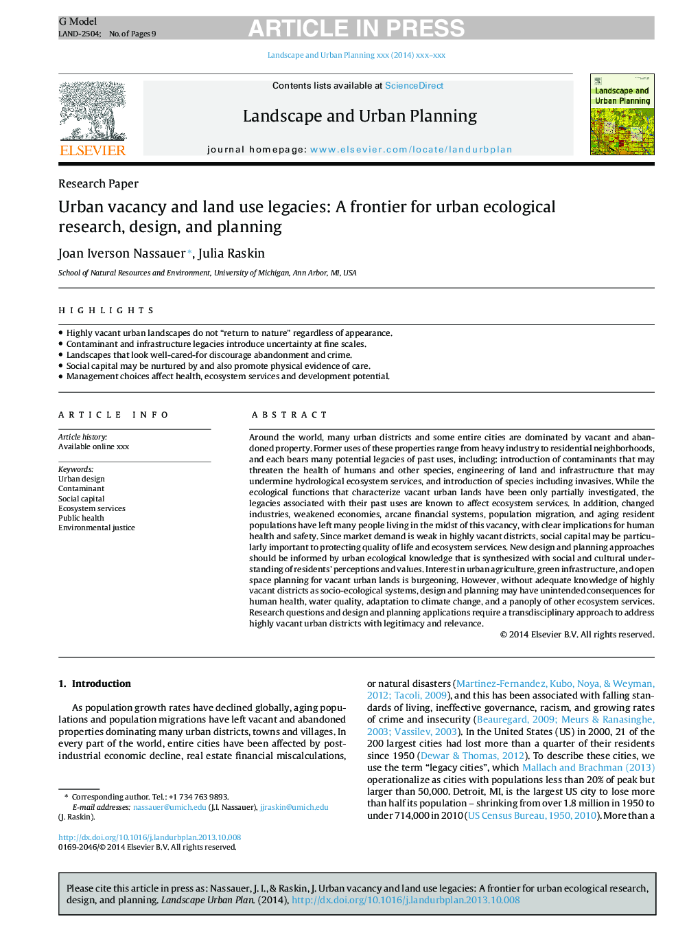 Urban vacancy and land use legacies: A frontier for urban ecological research, design, and planning