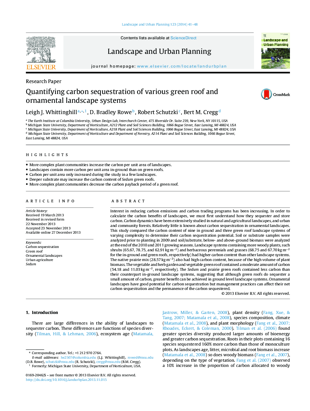 Quantifying carbon sequestration of various green roof and ornamental landscape systems