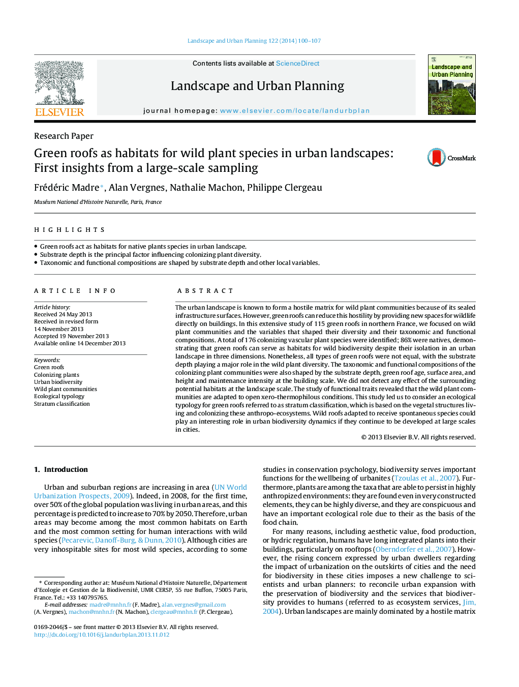 Green roofs as habitats for wild plant species in urban landscapes: First insights from a large-scale sampling