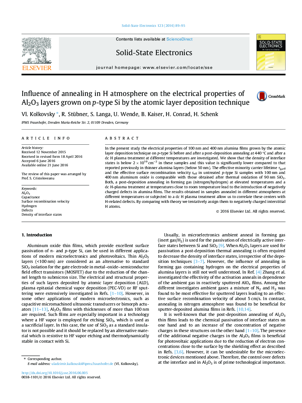 Influence of annealing in H atmosphere on the electrical properties of Al2O3 layers grown on p-type Si by the atomic layer deposition technique