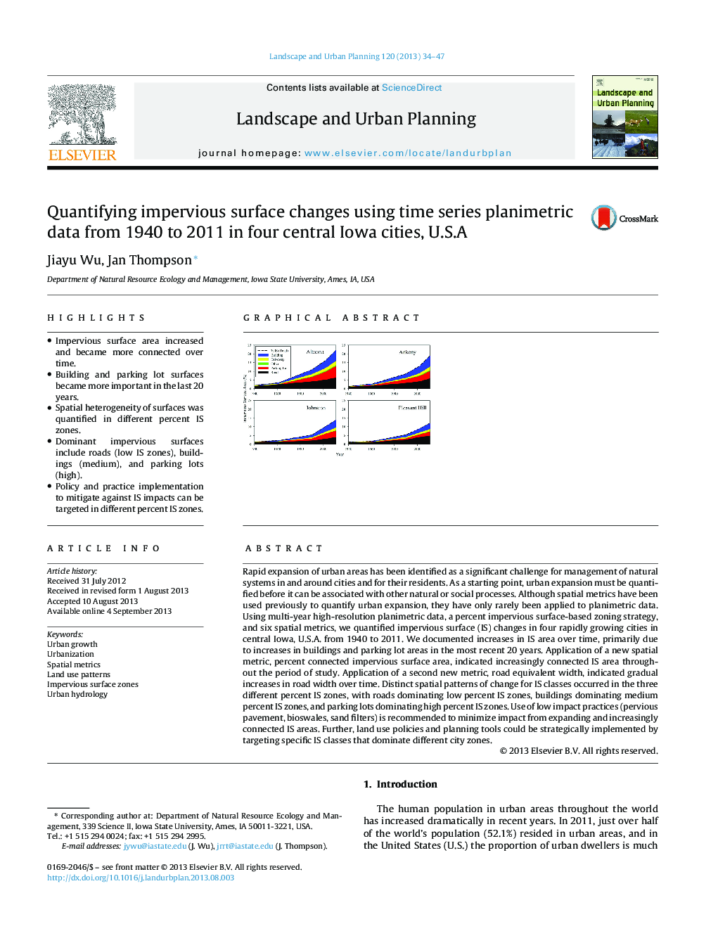 Quantifying impervious surface changes using time series planimetric data from 1940 to 2011 in four central Iowa cities, U.S.A