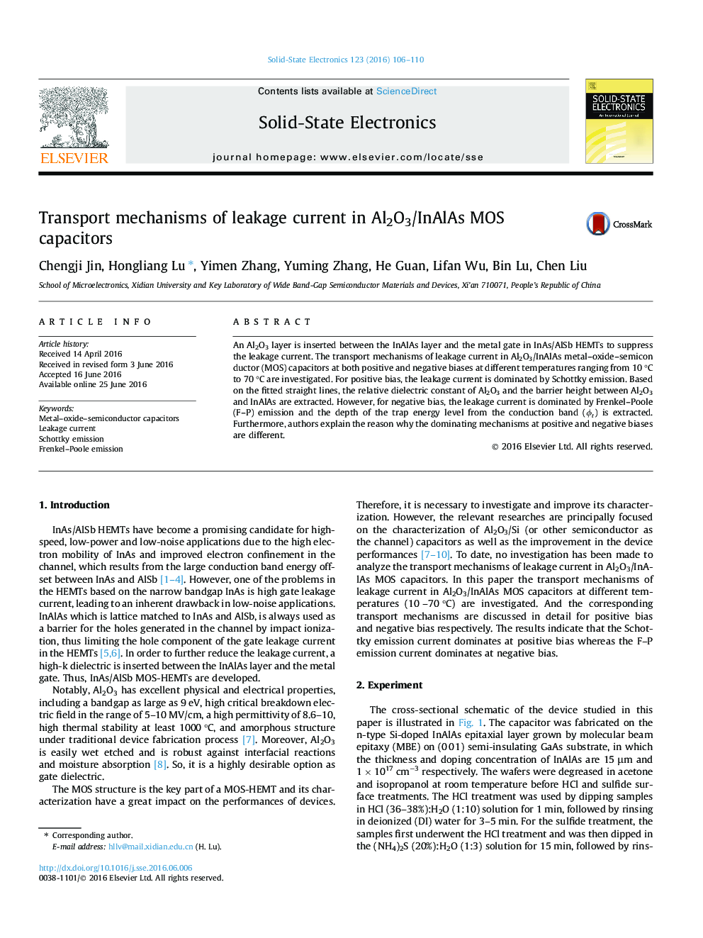 Transport mechanisms of leakage current in Al2O3/InAlAs MOS capacitors