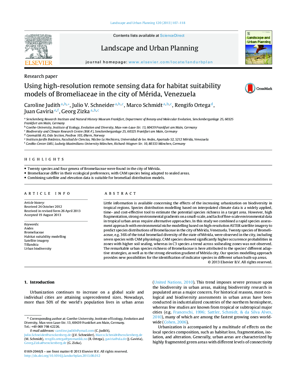 Using high-resolution remote sensing data for habitat suitability models of Bromeliaceae in the city of Mérida, Venezuela