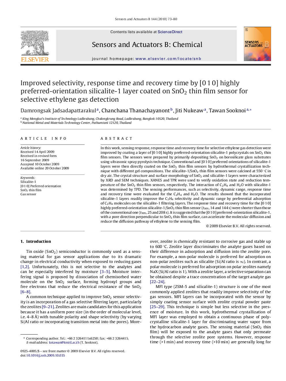 Improved selectivity, response time and recovery time by [0 1 0] highly preferred-orientation silicalite-1 layer coated on SnO2 thin film sensor for selective ethylene gas detection