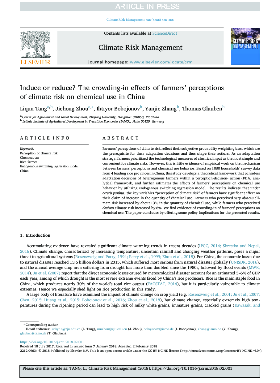 Induce or reduce? The crowding-in effects of farmers' perceptions of climate risk on chemical use in China
