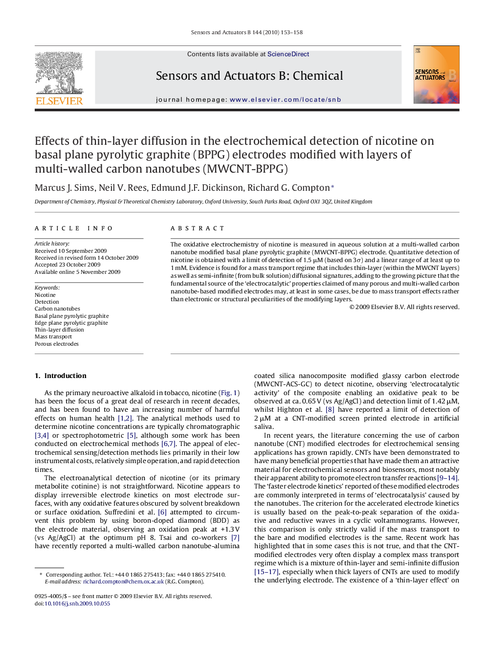 Effects of thin-layer diffusion in the electrochemical detection of nicotine on basal plane pyrolytic graphite (BPPG) electrodes modified with layers of multi-walled carbon nanotubes (MWCNT-BPPG)