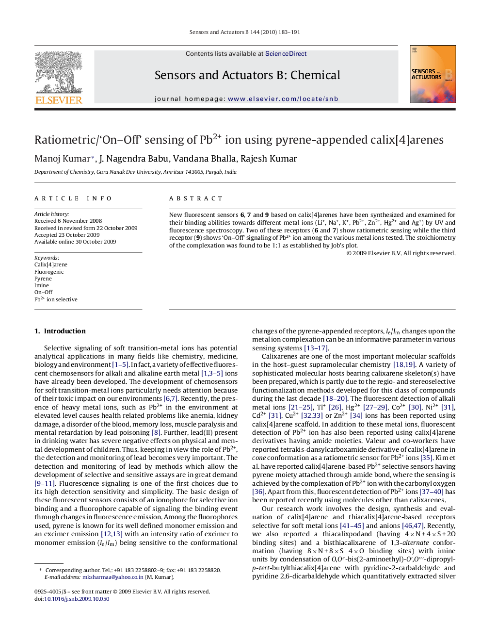 Ratiometric/‘On–Off’ sensing of Pb2+ ion using pyrene-appended calix[4]arenes