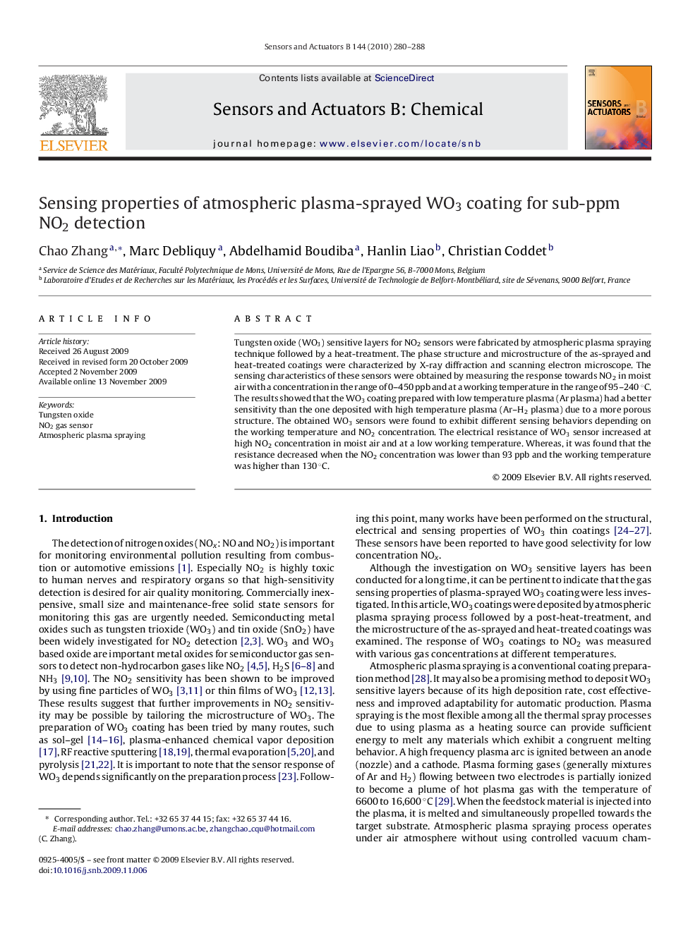 Sensing properties of atmospheric plasma-sprayed WO3 coating for sub-ppm NO2 detection