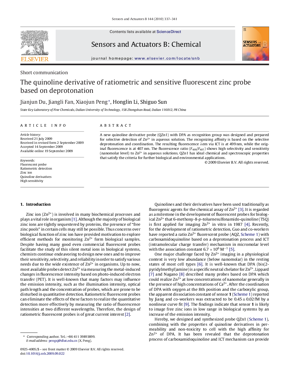 The quinoline derivative of ratiometric and sensitive fluorescent zinc probe based on deprotonation