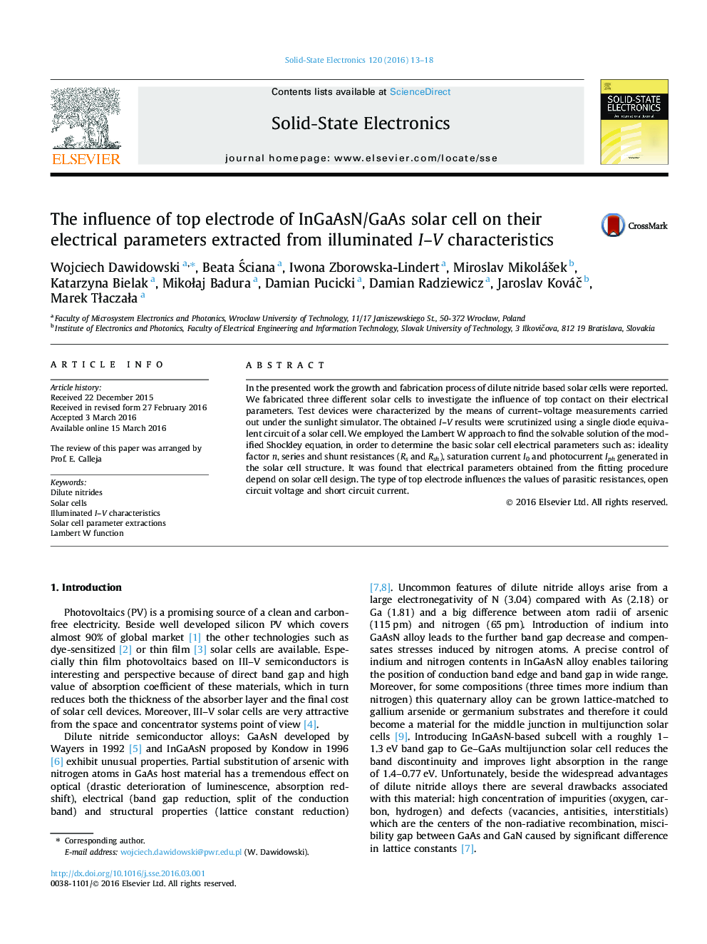 The influence of top electrode of InGaAsN/GaAs solar cell on their electrical parameters extracted from illuminated I–V characteristics