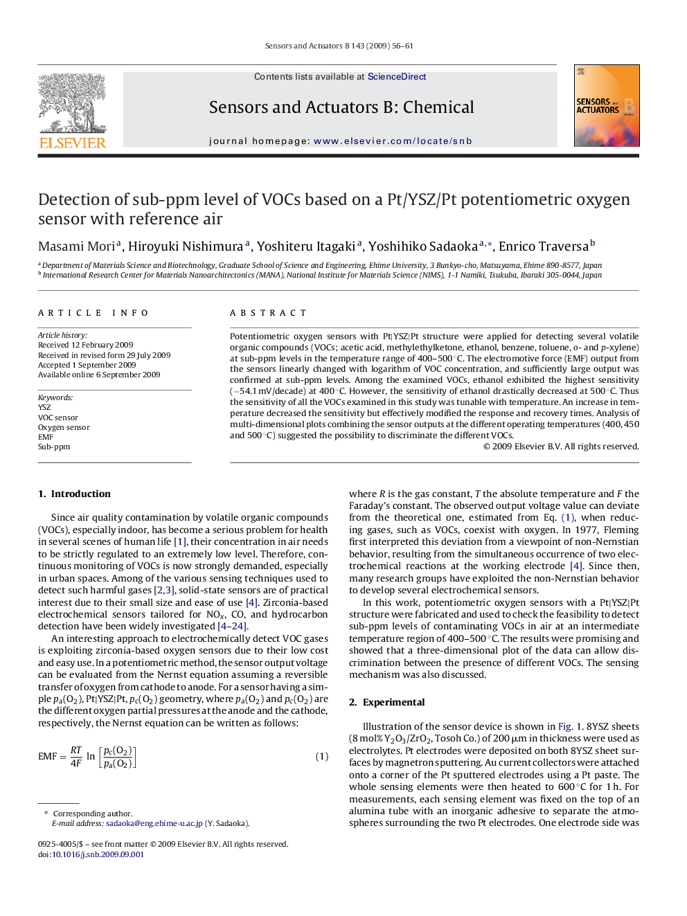 Detection of sub-ppm level of VOCs based on a Pt/YSZ/Pt potentiometric oxygen sensor with reference air