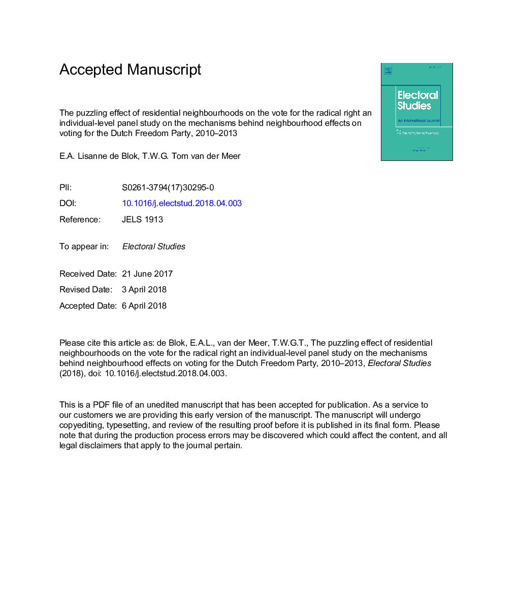 The puzzling effect of residential neighbourhoods on the vote for the radical right an individual-level panel study on the mechanisms behind neighbourhood effects on voting for the Dutch Freedom Party, 2010-2013