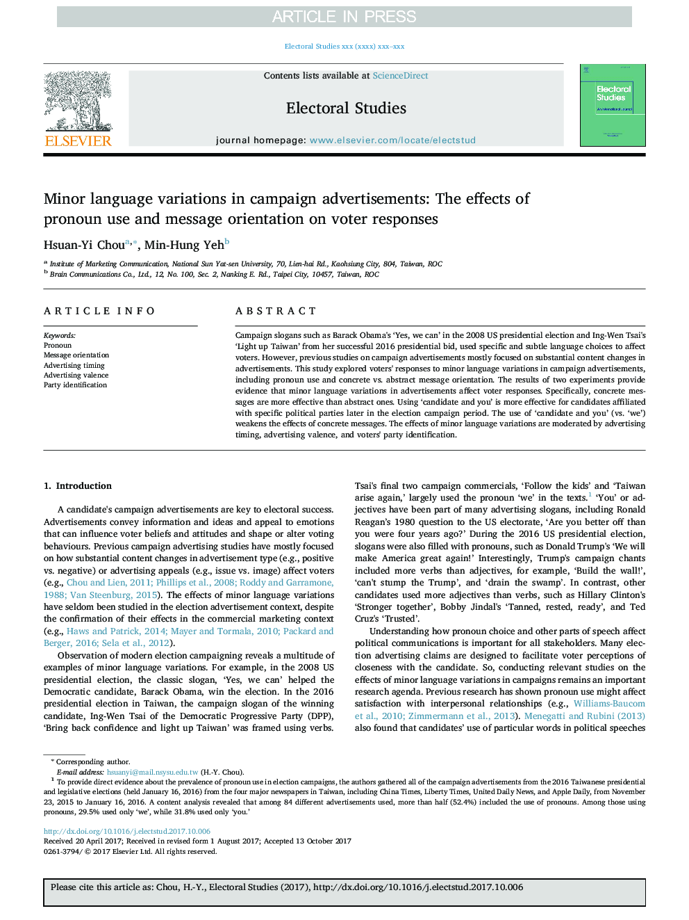 Minor language variations in campaign advertisements: The effects of pronoun use and message orientation on voter responses