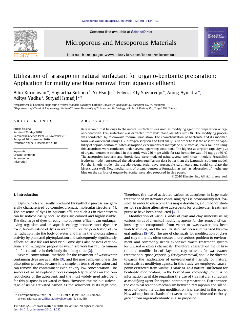 Utilization of rarasaponin natural surfactant for organo-bentonite preparation: Application for methylene blue removal from aqueous effluent