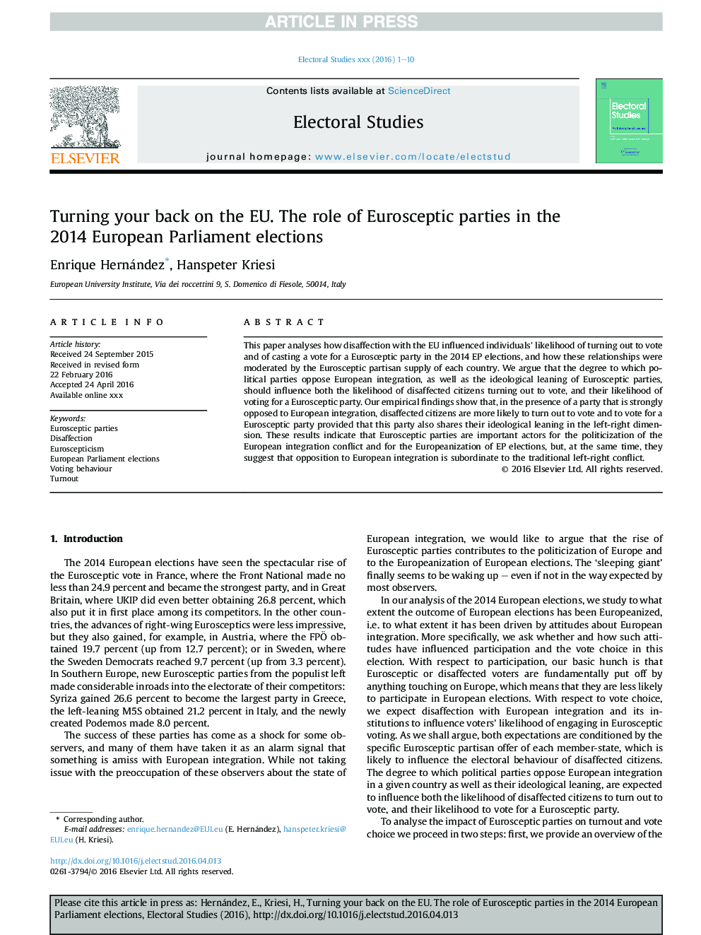 Turning your back on the EU. The role of Eurosceptic parties in the 2014 European Parliament elections