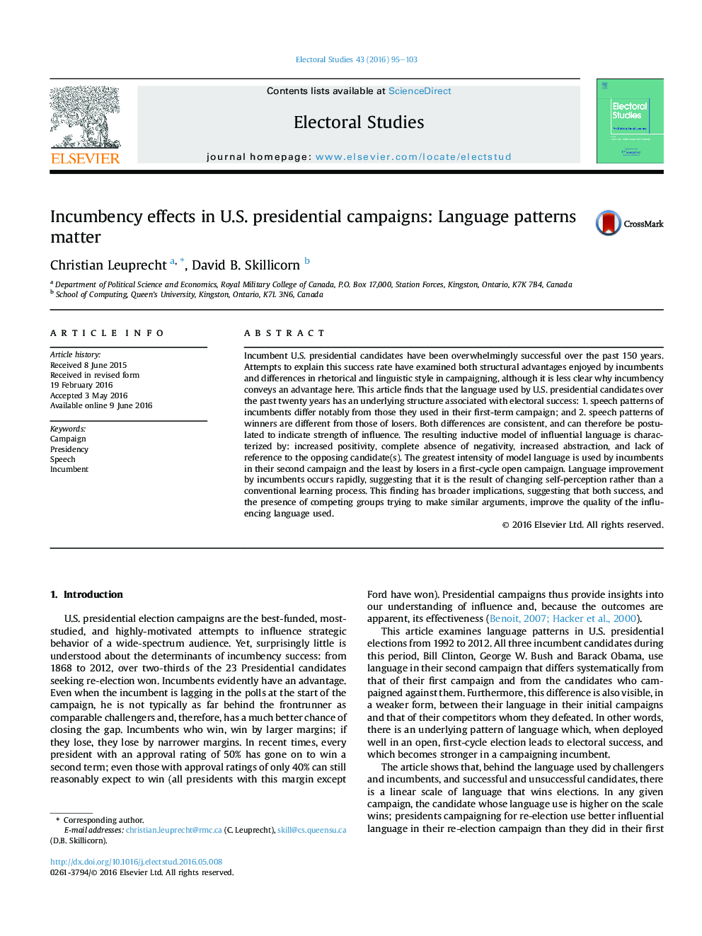 Incumbency effects in U.S. presidential campaigns: Language patterns matter