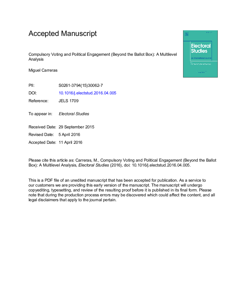 Compulsory voting and political engagement (beyond the ballot box): A multilevel analysis