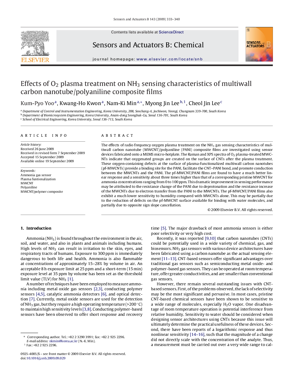 Effects of O2 plasma treatment on NH3 sensing characteristics of multiwall carbon nanotube/polyaniline composite films