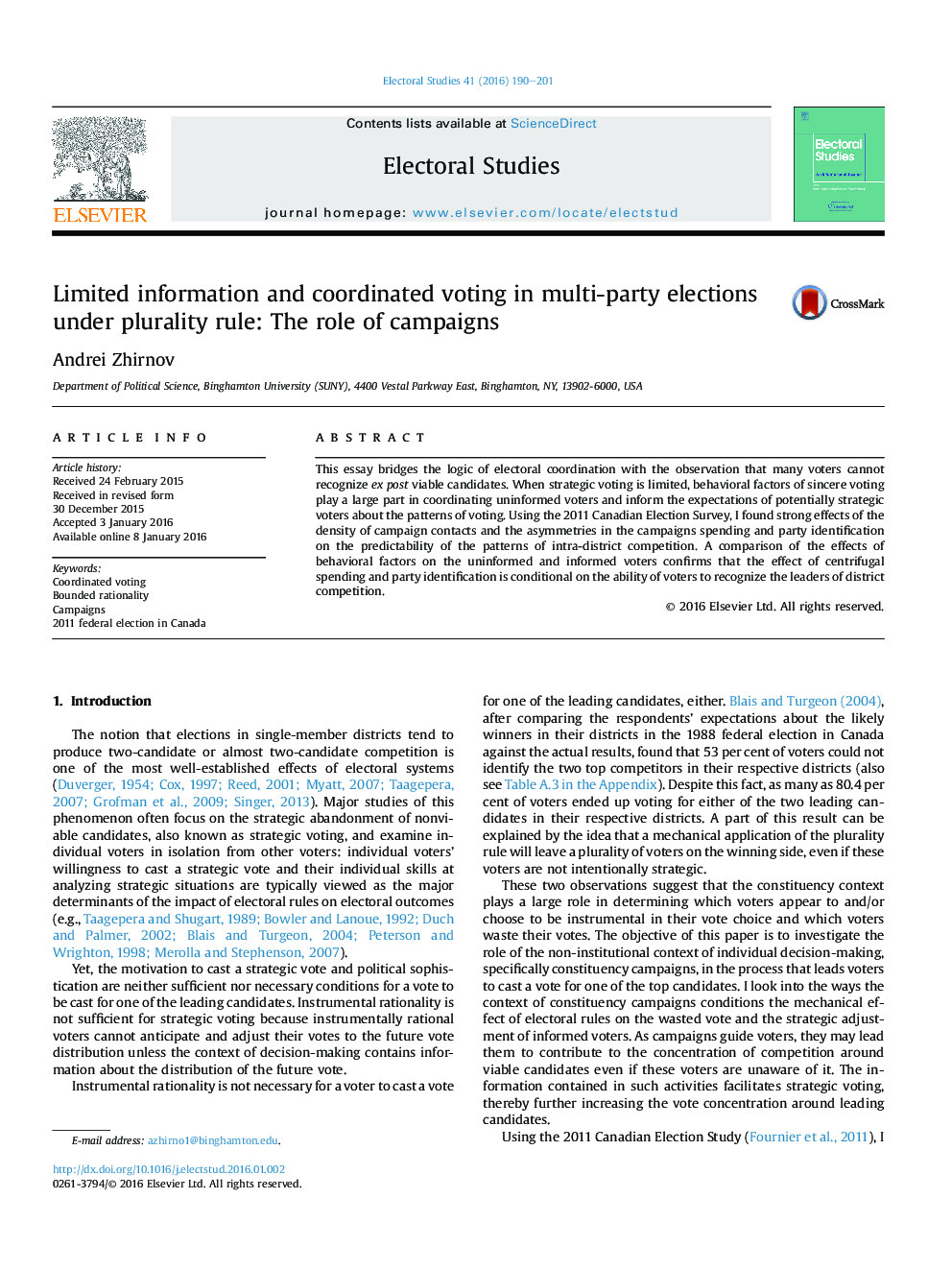 Limited information and coordinated voting in multi-party elections under plurality rule: The role of campaigns