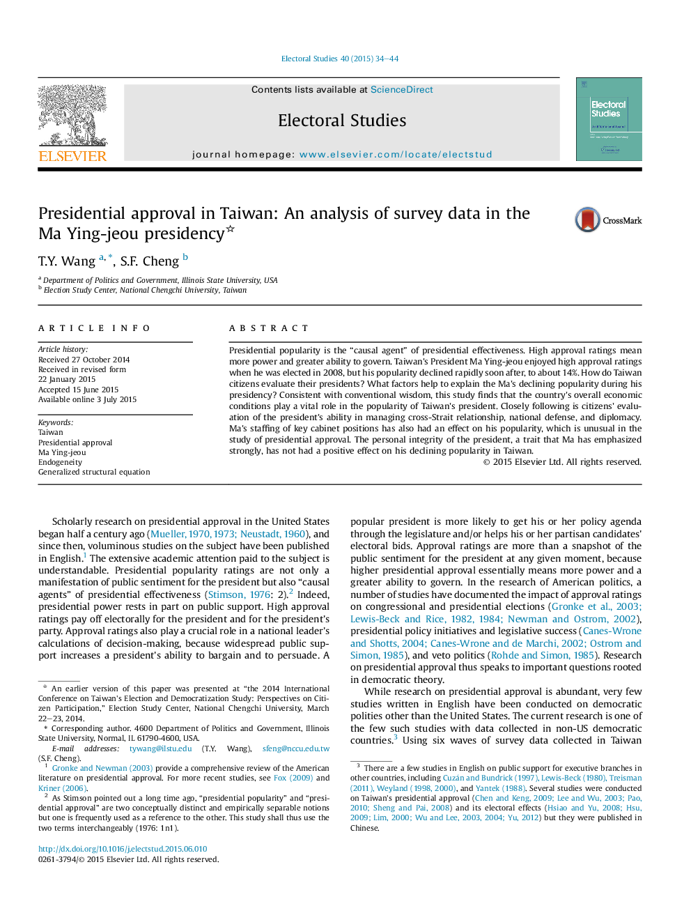 Presidential approval in Taiwan: An analysis of survey data in the Ma Ying-jeou presidency