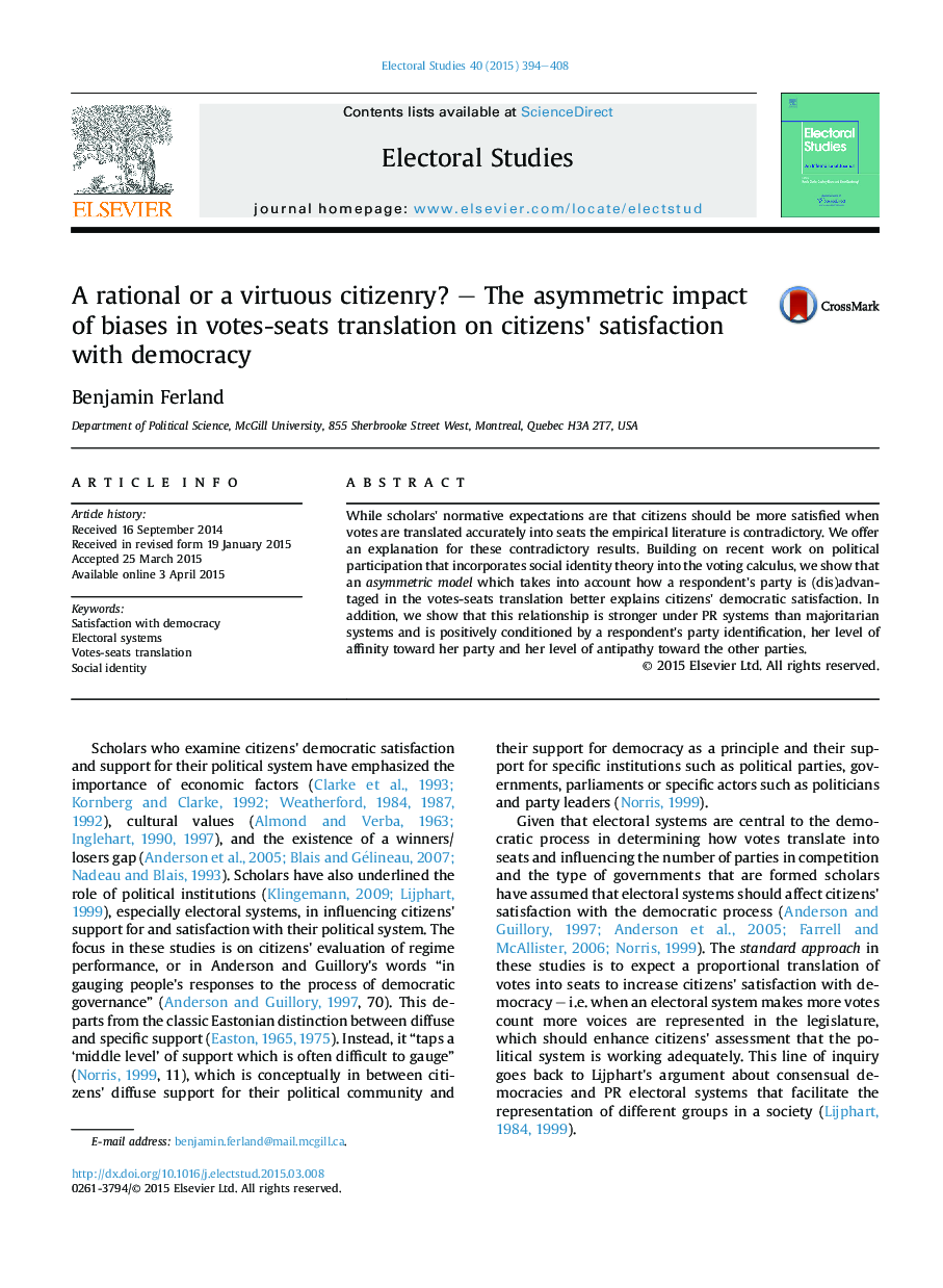 A rational or a virtuous citizenry? - The asymmetric impact of biases in votes-seats translation on citizens' satisfaction with democracy